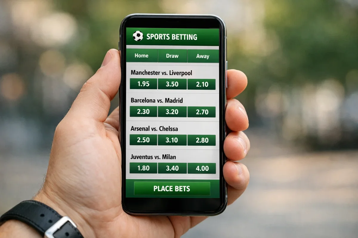Mano che tiene smartphone con interfaccia app scommesse calcio in primo piano
