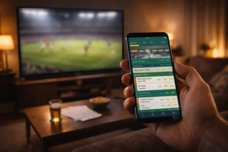 Smartphone con app di scommesse calcio in mano durante una partita