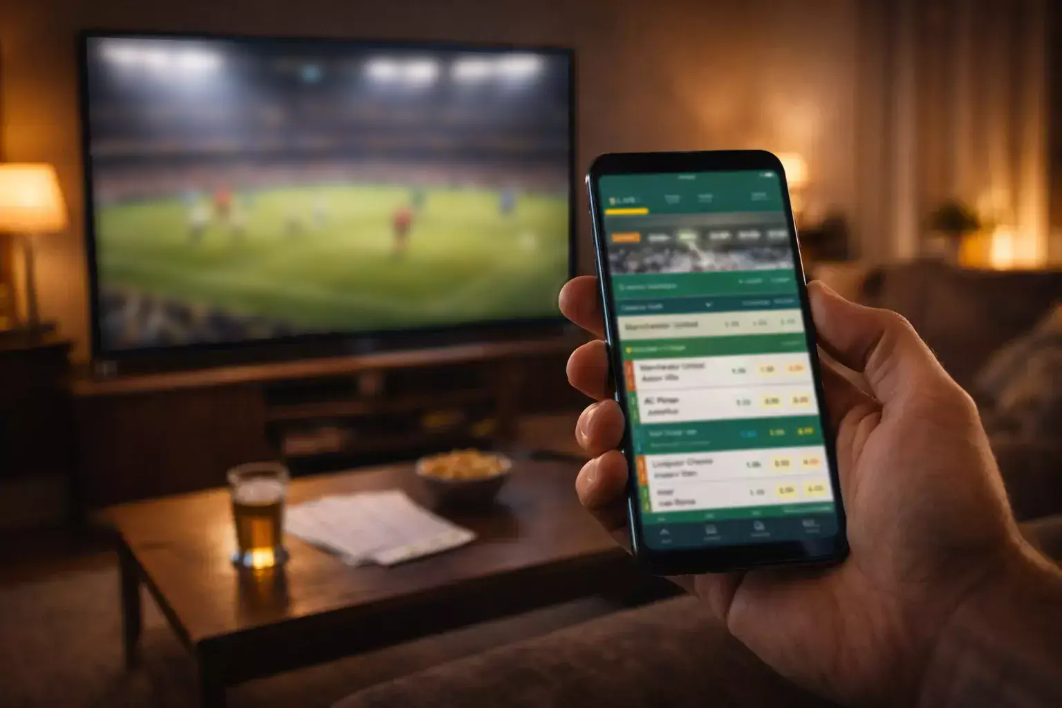 Smartphone con app di scommesse calcio in mano durante una partita