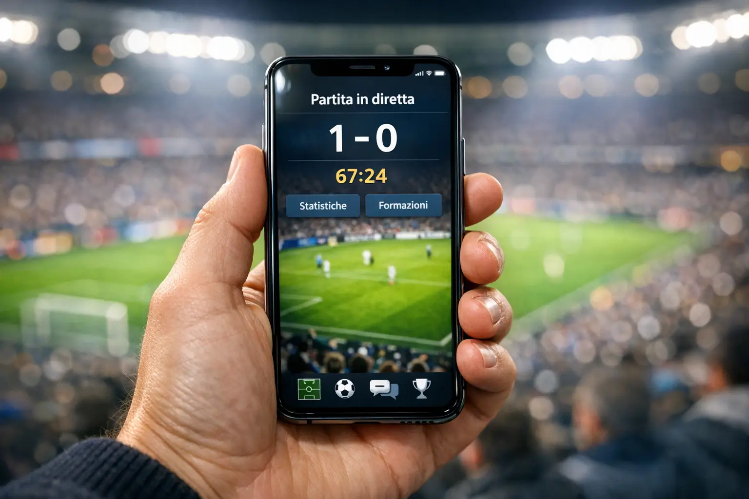 Mano di un uomo che tiene uno smartphone con una partita di calcio sullo sfondo