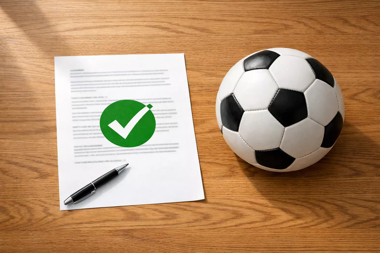 Documento con segno di spunta su una scrivania accanto a un pallone da calcio