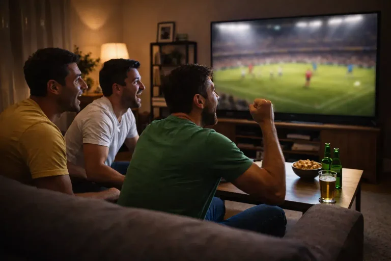 Gruppo di amici che guardano insieme una partita di calcio con entusiasmo