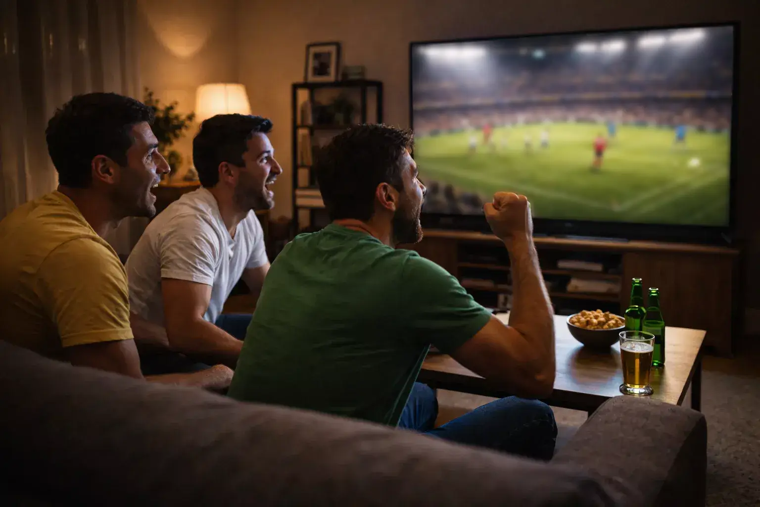 Gruppo di amici che guardano insieme una partita di calcio con entusiasmo