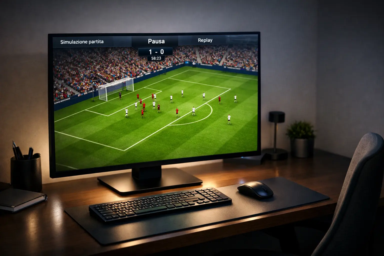 Schermo di un computer che mostra una simulazione di partita di calcio in un ambiente domestico