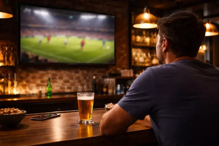 Persona che guarda una partita di calcio su un grande schermo in un locale