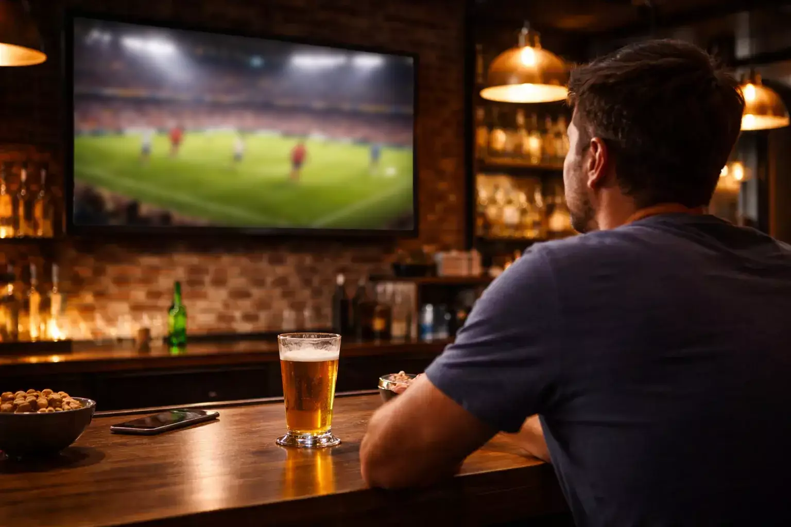 Persona che guarda una partita di calcio su un grande schermo in un locale