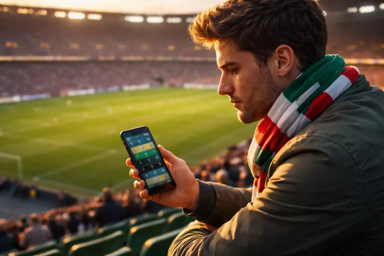 Tifoso che consulta le quote calcio sullo smartphone allo stadio