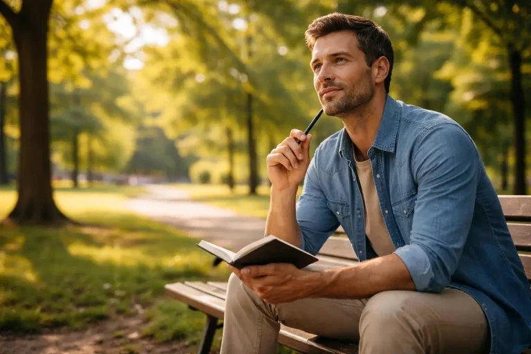 Persona seduta in tranquillità che riflette con un blocco di appunti in mano in un ambiente luminoso
