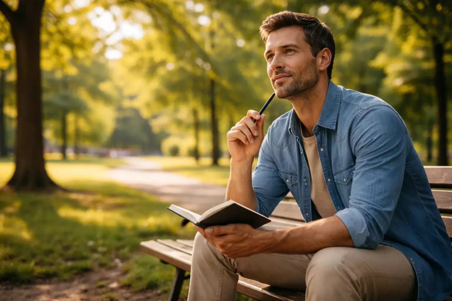 Persona seduta in tranquillità che riflette con un blocco di appunti in mano in un ambiente luminoso