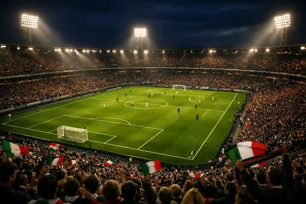 Stadio di calcio italiano illuminato durante una partita serale con tifosi sugli spalti