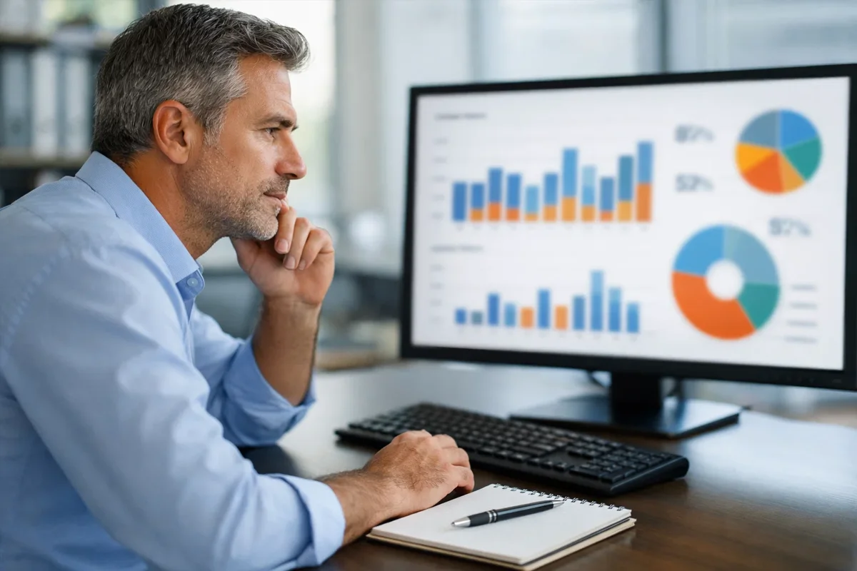 Analista che confronta quote su schermo