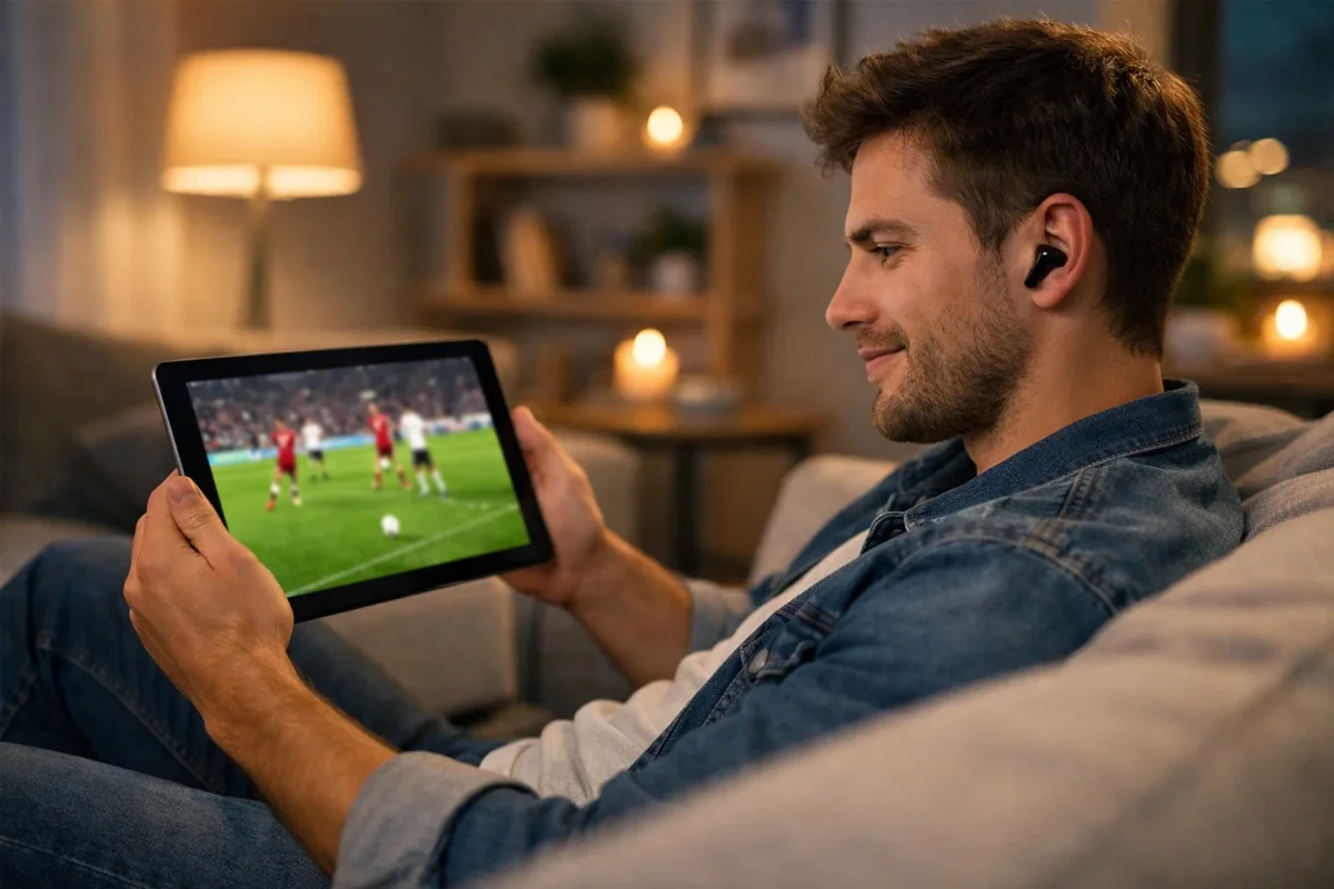 Persona che guarda partita di calcio in streaming su tablet