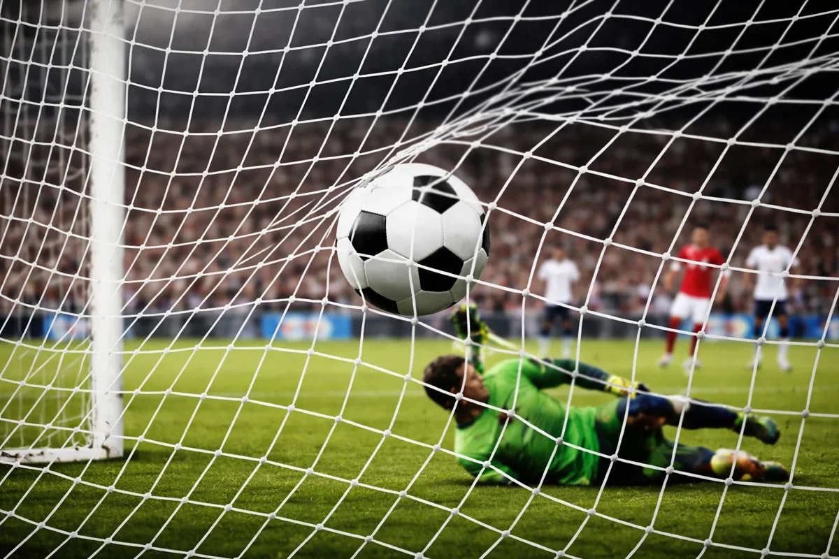 Attaccante di calcio che segna un gol in porta