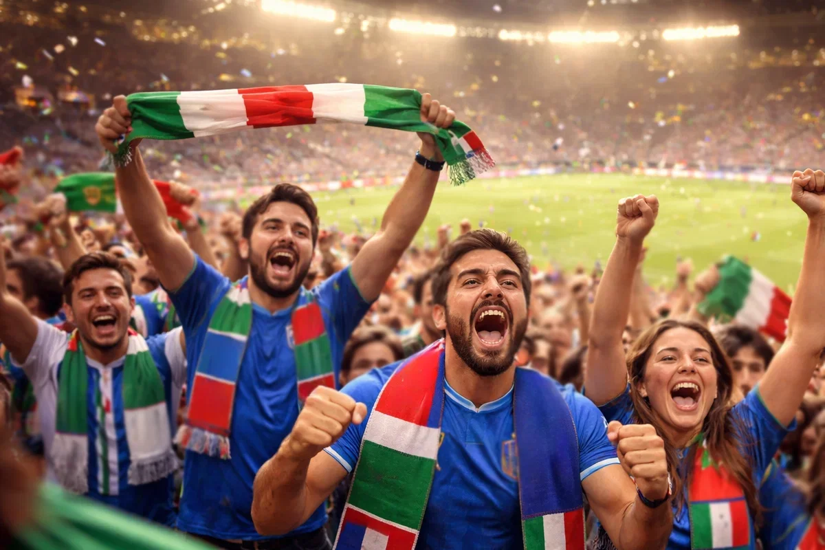 Tifosi di calcio che esultano allo stadio durante una partita