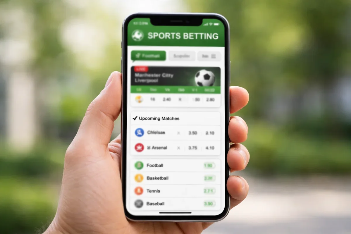 Mano che tiene uno smartphone con app di scommesse sportive