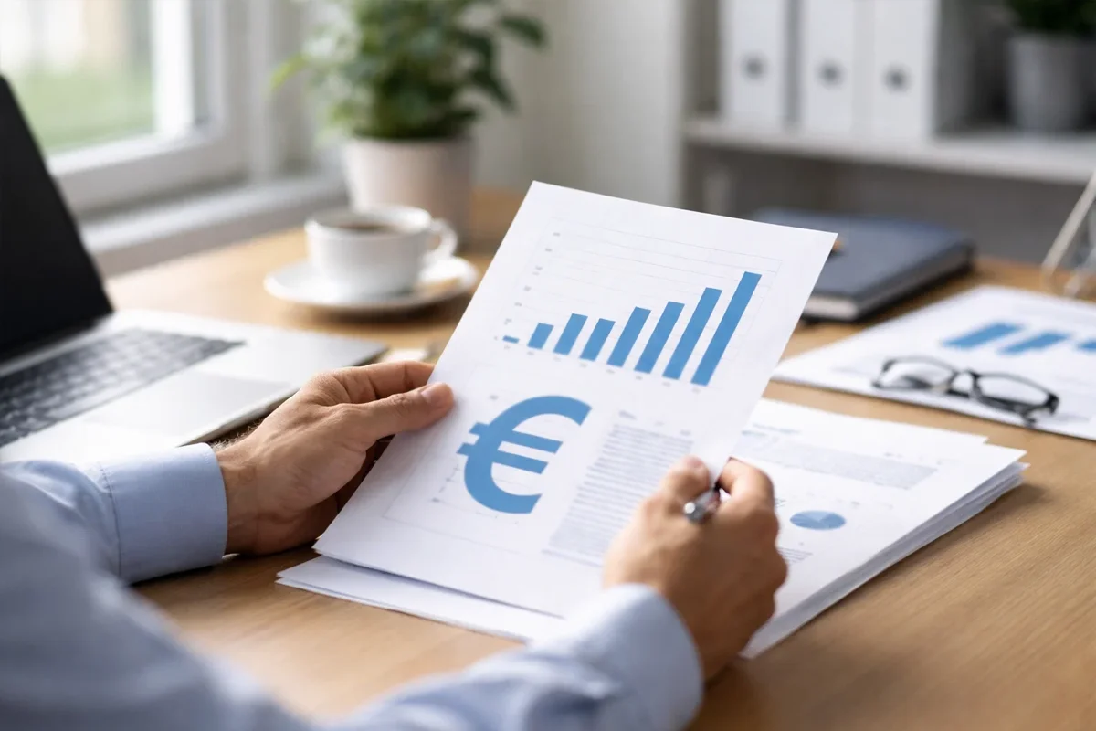 Persona che analizza documenti con simboli euro