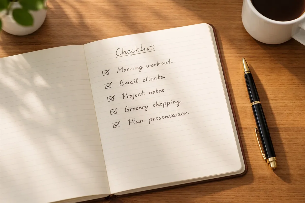 Blocco note con lista di controllo e penna