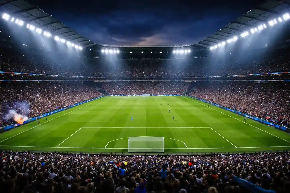 Stadio di calcio illuminato durante partita serale