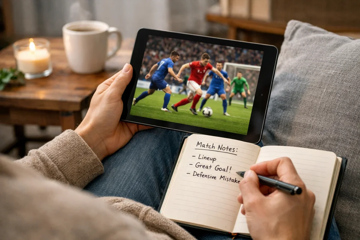 Persona che guarda partita su tablet mentre prende appunti