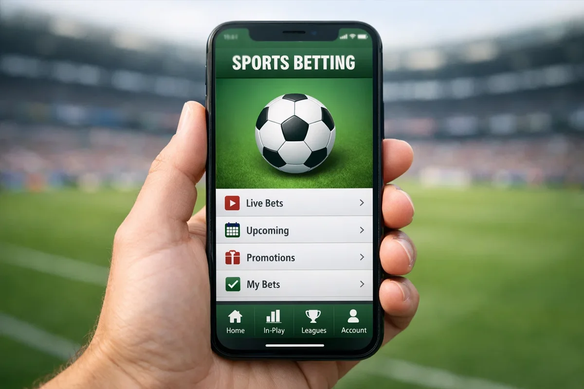 Smartphone con app di scommesse sportive su sfondo stadio