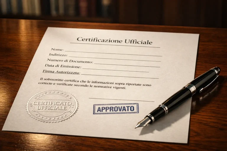 Documento ufficiale con timbro e sigillo su una scrivania professionale illuminata da luce naturale