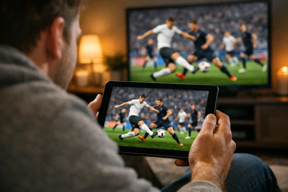 Tifoso che guarda partita di calcio in streaming su tablet mentre segue le quote live
