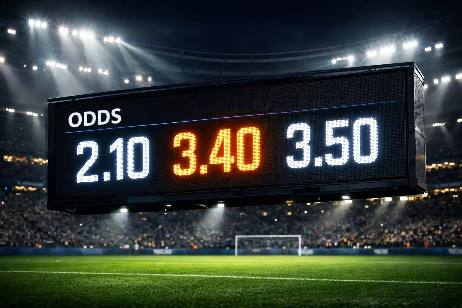 Schermo con quote di una partita di calcio illuminate dalla luce dello stadio