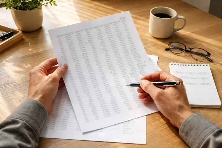 Persona che analizza un documento con numeri e appunti su una scrivania ordinata