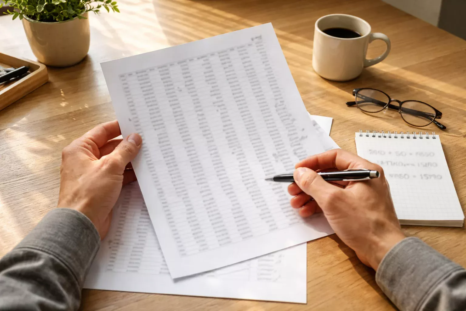 Persona che analizza un documento con numeri e appunti su una scrivania ordinata
