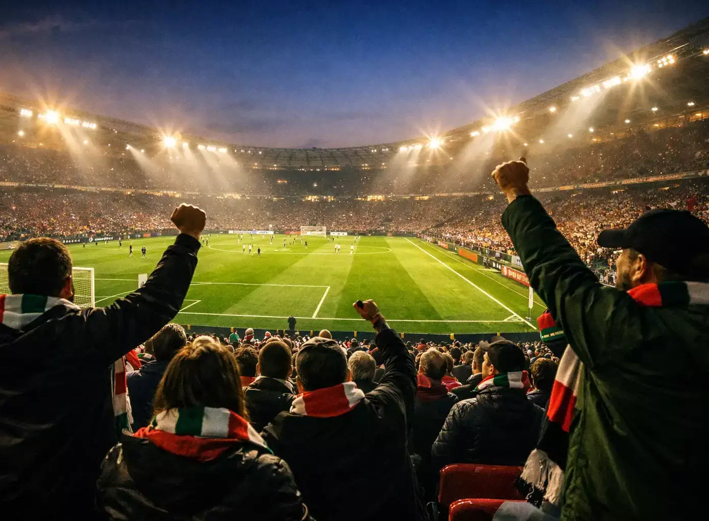 Tifosi allo stadio che esultano durante una partita di calcio