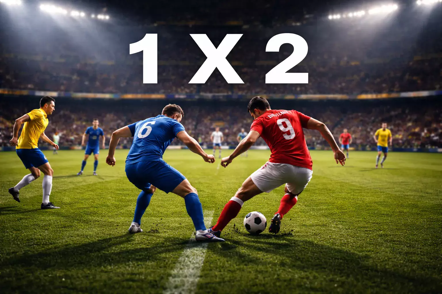 Partita di calcio in corso su campo verde con i numeri 1 X 2 in sovrimpressione