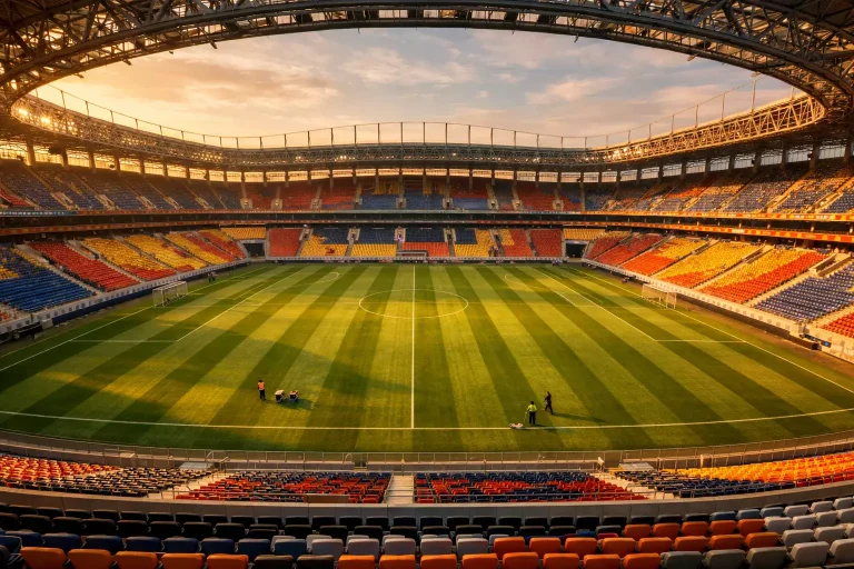 Panoramica di uno stadio vuoto con il campo in erba pronto per l'inizio della stagione calcistica