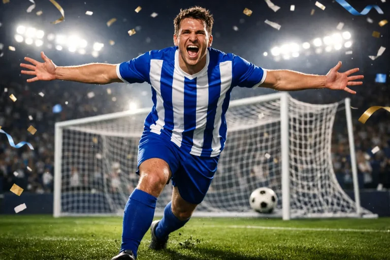 Attaccante di calcio che esulta dopo aver segnato un gol sotto i riflettori