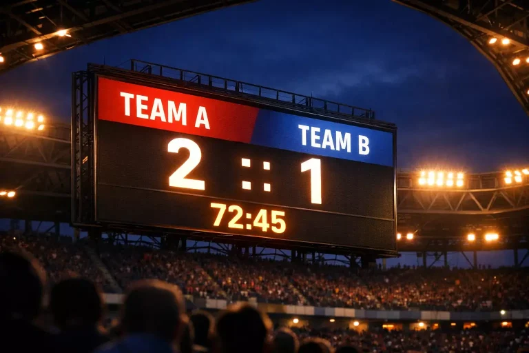 Tabellone segnapunti in uno stadio di calcio durante una partita serale