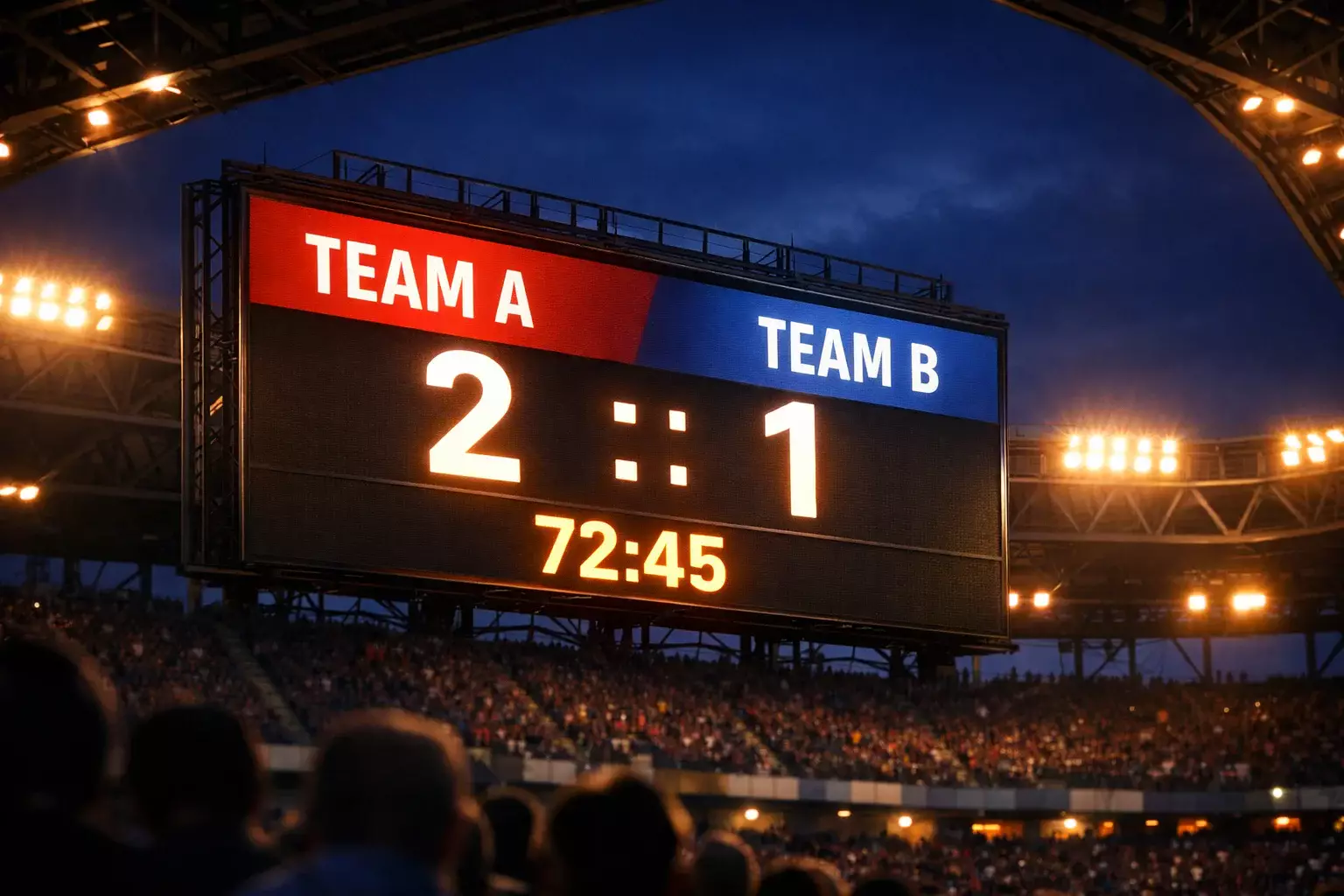 Tabellone segnapunti in uno stadio di calcio durante una partita serale