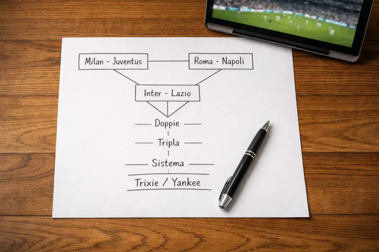 Foglio con schema di un sistema di scommesse calcio e penna su scrivania