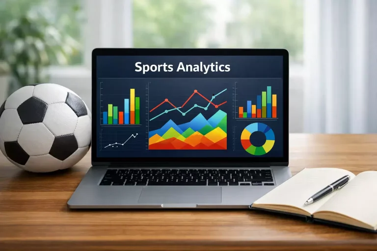 Laptop aperto su una scrivania con grafici sportivi sullo schermo e un pallone da calcio accanto