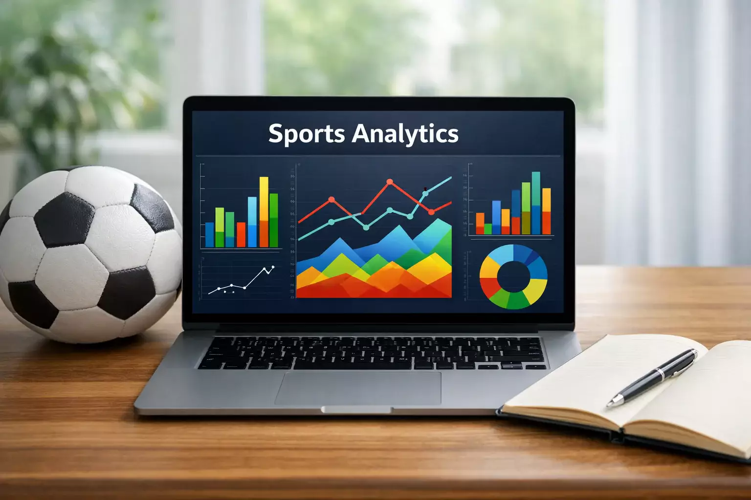 Laptop aperto su una scrivania con grafici sportivi sullo schermo e un pallone da calcio accanto