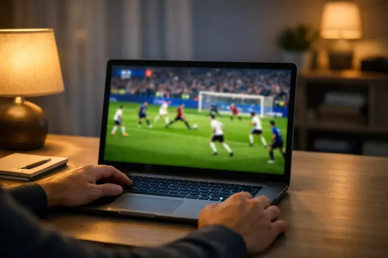 Persona che guarda una partita di calcio in streaming su un laptop
