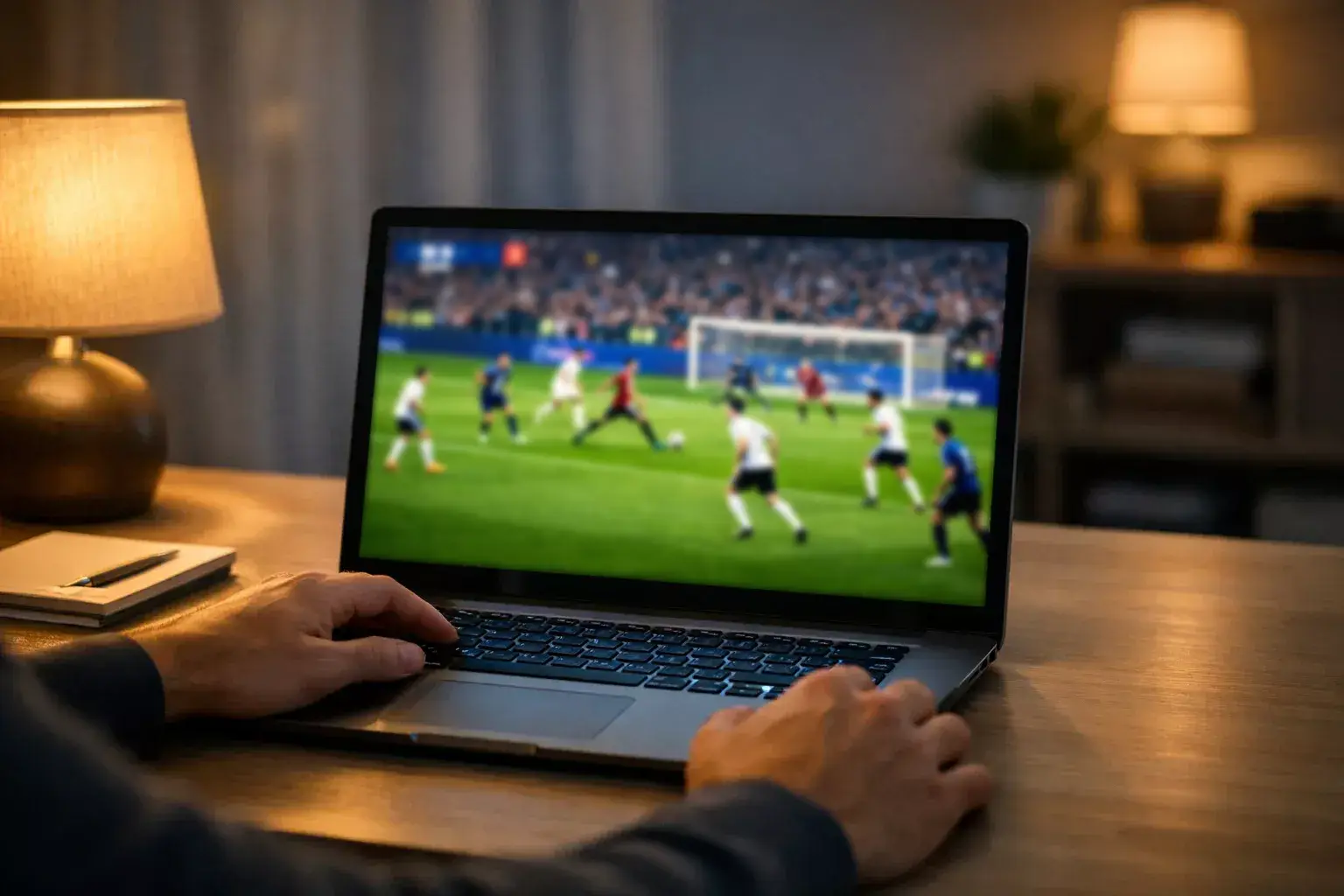 Persona che guarda una partita di calcio in streaming su un laptop