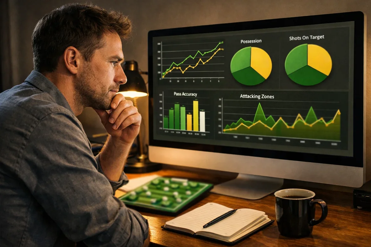 Appassionato di calcio che analizza statistiche e mercati scommesse su schermo