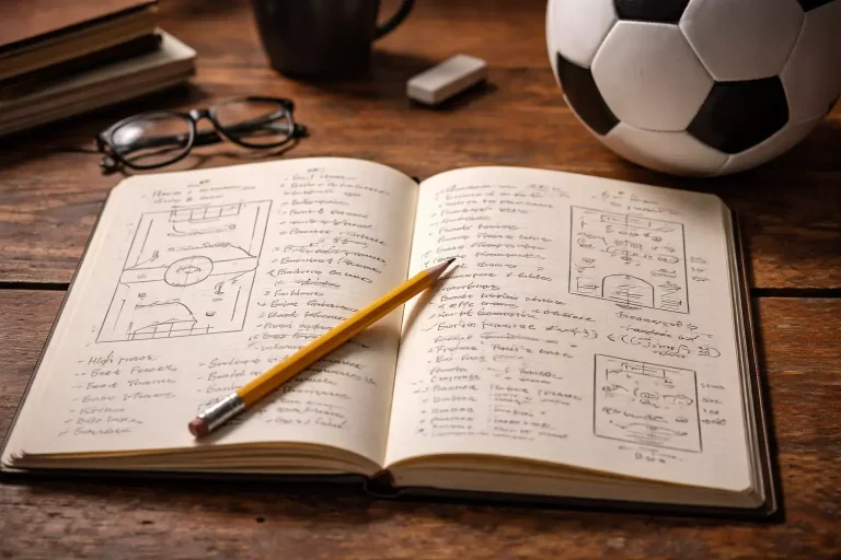 Primo piano di un taccuino con appunti e analisi scritte a mano accanto a un pallone da calcio